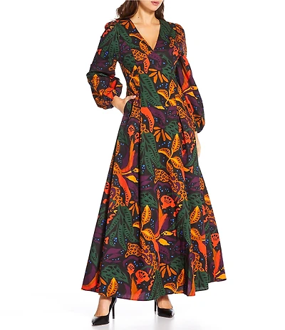 Skies Are Blue Abstract Print Long Sleeve Poplin Maxi Dress