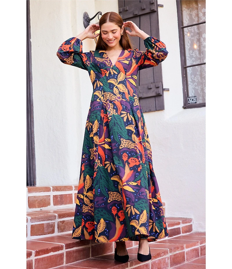 Skies Are Blue Abstract Print Long Sleeve Poplin Maxi Dress