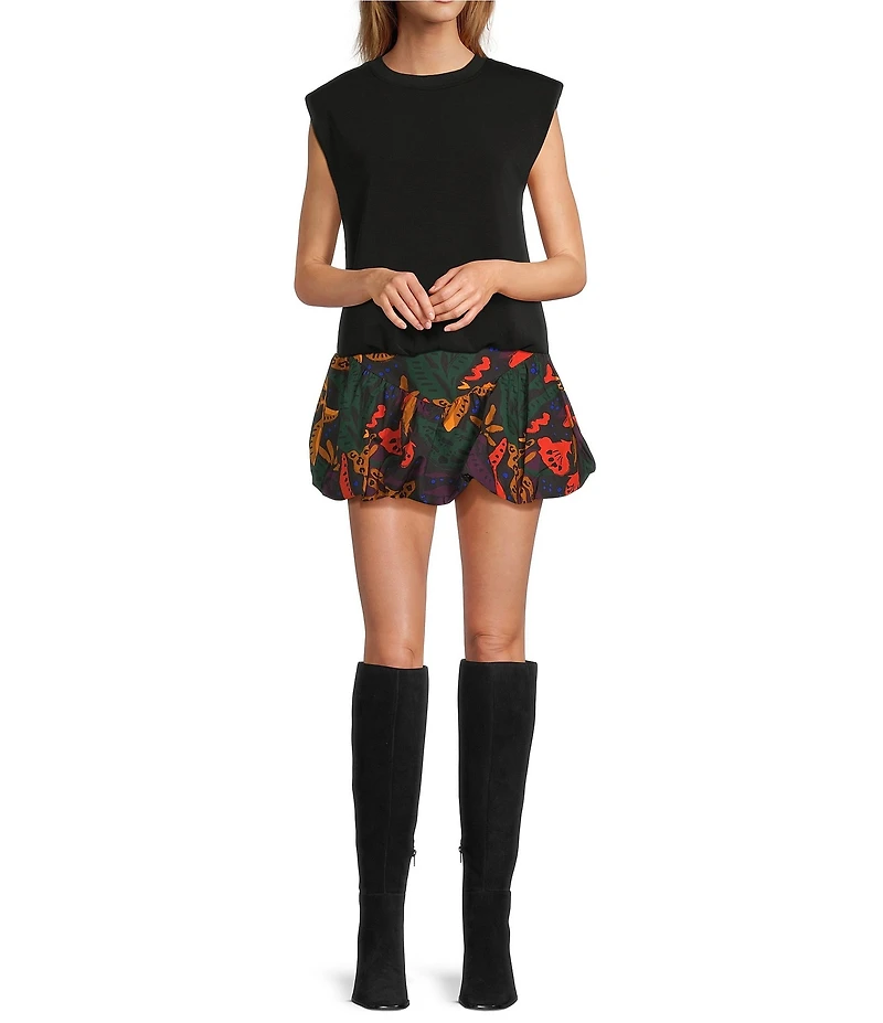 Skies Are Blue Abstract Print Poplin Bubble Mini Skirt