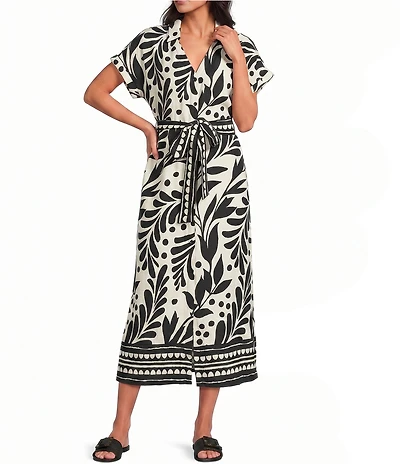 Skies Are Blue Border Print Collard V-Neck Short Sleeve Button Front Belted Midi Dress