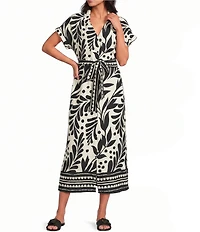 Skies Are Blue Border Print Collard V-Neck Short Sleeve Button Front Belted Midi Dress