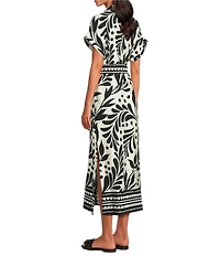 Skies Are Blue Border Print Collard V-Neck Short Sleeve Button Front Belted Midi Dress
