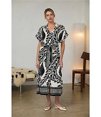 Skies Are Blue Border Print Collard V-Neck Short Sleeve Button Front Belted Midi Dress
