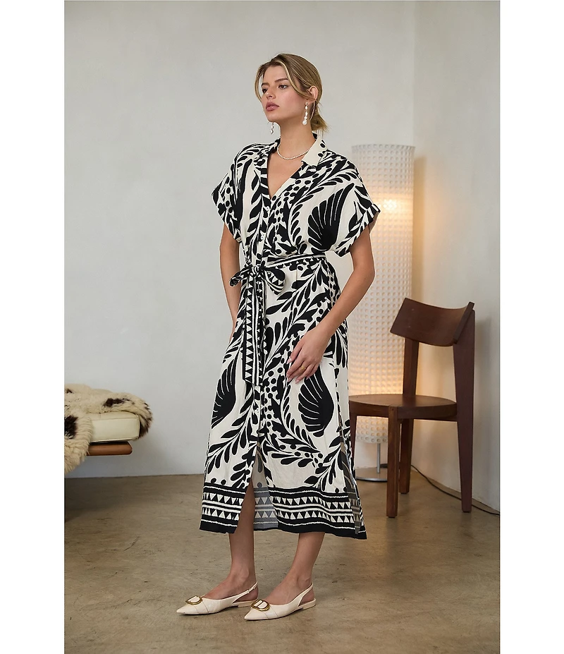Skies Are Blue Border Print Collard V-Neck Short Sleeve Button Front Belted Midi Dress