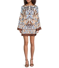Skies Are Blue Border Printed Boat Neck Long Bell Sleeve Mini Dress