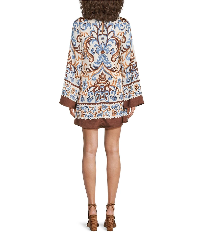 Skies Are Blue Border Printed Boat Neck Long Bell Sleeve Mini Dress
