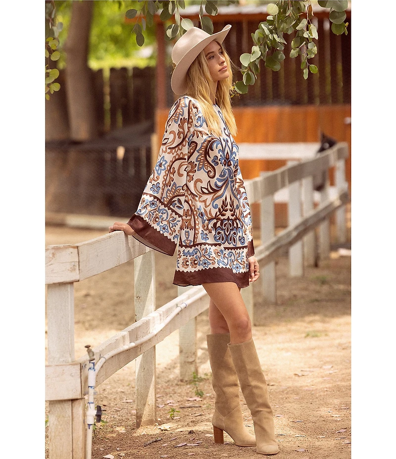 Skies Are Blue Border Printed Boat Neck Long Bell Sleeve Mini Dress