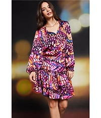 Skies Are Blue Butterfly Print Split V Neck Long Sleeve Mini Dress