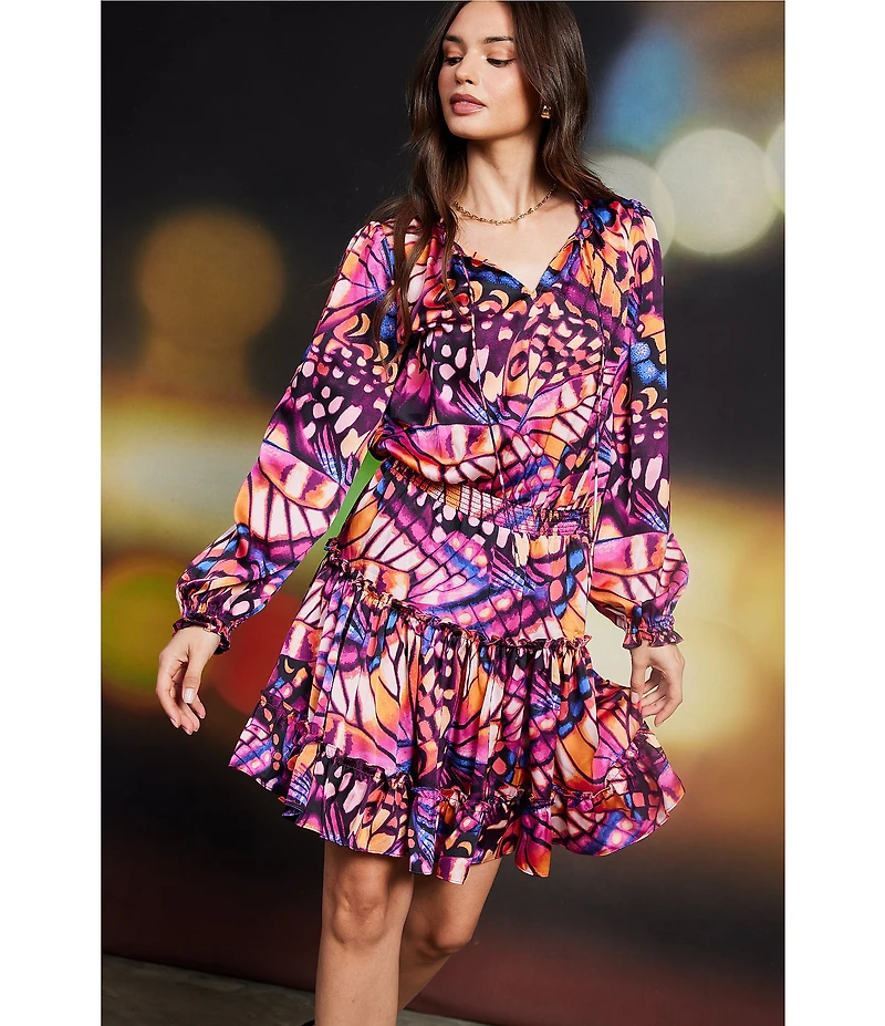 Skies Are Blue Butterfly Print Split V Neck Long Sleeve Mini Dress