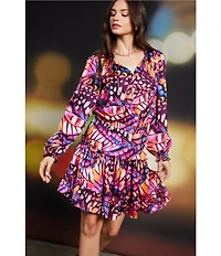 Skies Are Blue Butterfly Print Split V Neck Long Sleeve Mini Dress