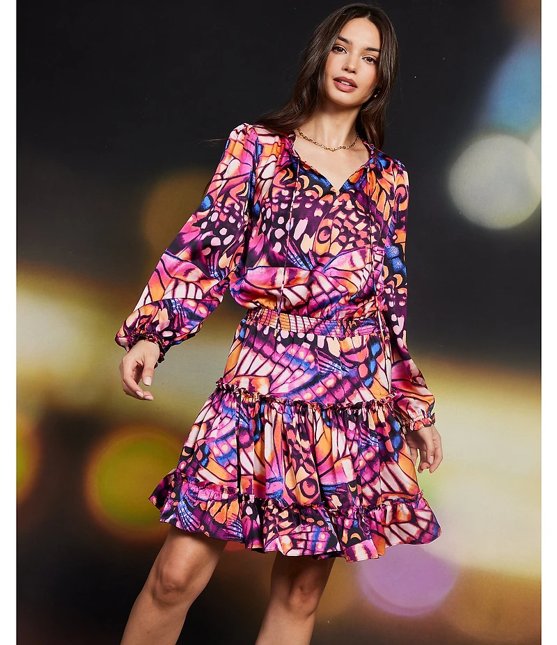 Skies Are Blue Butterfly Print Split V Neck Long Sleeve Mini Dress
