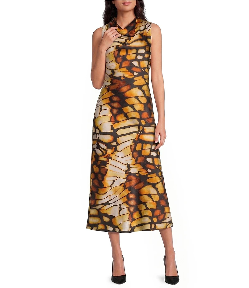 Skies Are Blue Butterfly Printed Cowl Neck Sleeveless Midi Dress
