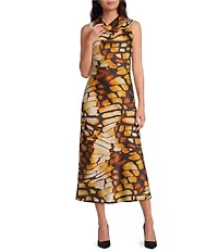 Skies Are Blue Butterfly Printed Cowl Neck Sleeveless Midi Dress