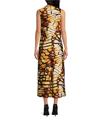Skies Are Blue Butterfly Printed Cowl Neck Sleeveless Midi Dress