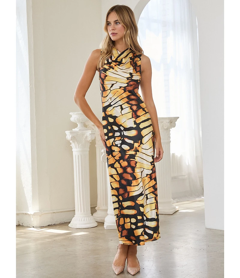 Skies Are Blue Butterfly Printed Cowl Neck Sleeveless Midi Dress