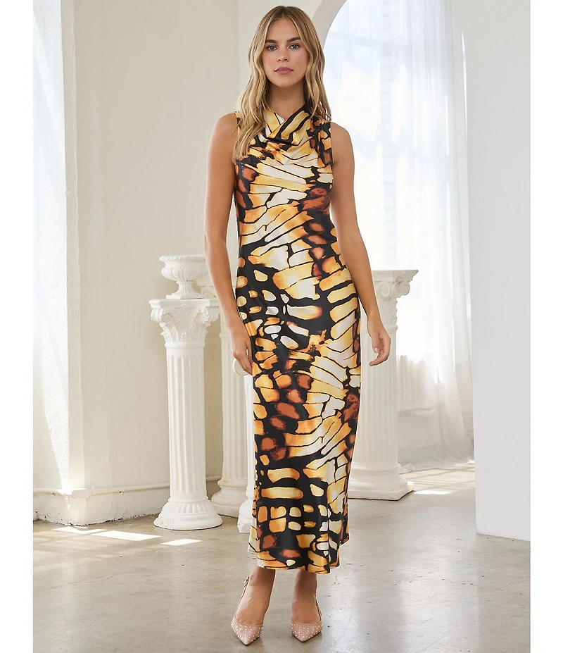 Skies Are Blue Butterfly Printed Cowl Neck Sleeveless Midi Dress