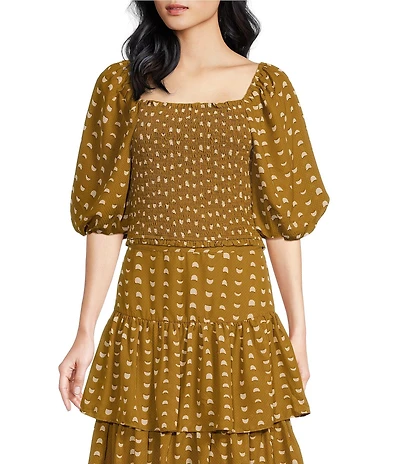 Skies Are Blue Chiffon Print Square Neck Short Puff Sleeve Coordinating Cropped Top