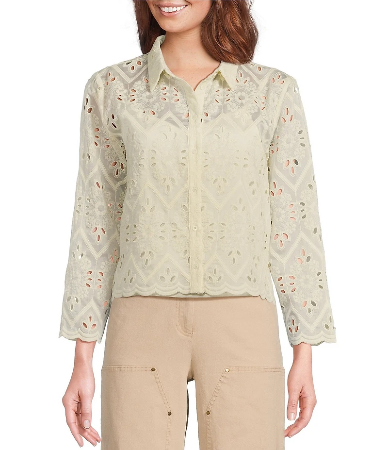 Skies Are Blue Chiffon Eyelet Button Front Point Collar Long Sleeve Blouse