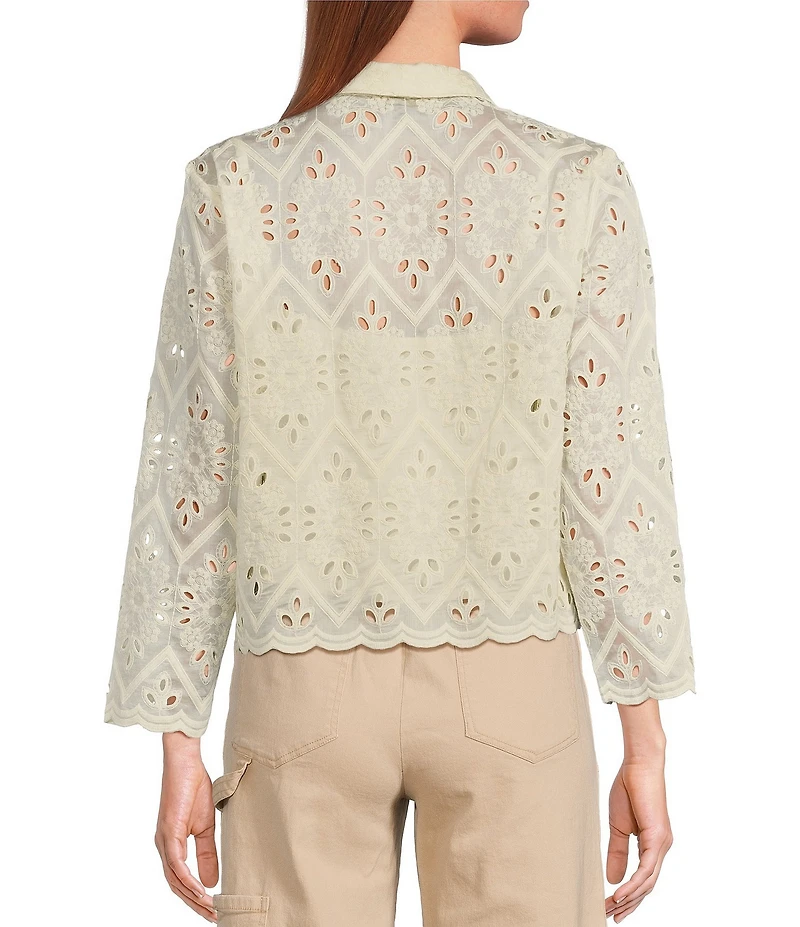 Skies Are Blue Chiffon Eyelet Button Front Point Collar Long Sleeve Blouse