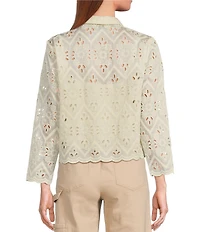 Skies Are Blue Chiffon Eyelet Button Front Point Collar Long Sleeve Blouse