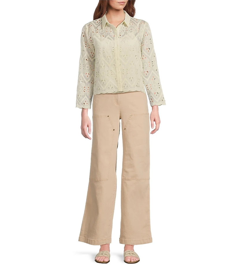 Skies Are Blue Chiffon Eyelet Button Front Point Collar Long Sleeve Blouse