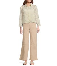 Skies Are Blue Chiffon Eyelet Button Front Point Collar Long Sleeve Blouse