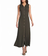 Skies Are Blue Collard V-Neck Sleeveless Button Front Knit Maxi Dress