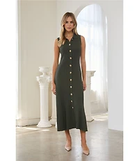 Skies Are Blue Collard V-Neck Sleeveless Button Front Knit Maxi Dress