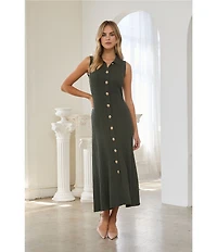 Skies Are Blue Collard V-Neck Sleeveless Button Front Knit Maxi Dress