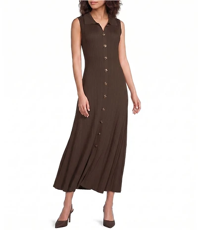 Skies Are Blue Collard V-Neck Sleeveless Button Front Knit Maxi Dress