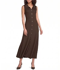 Skies Are Blue Collard V-Neck Sleeveless Button Front Knit Maxi Dress