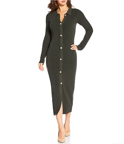 Skies Are Blue Collared Long Sleeve Button Front Knit Midi Dress