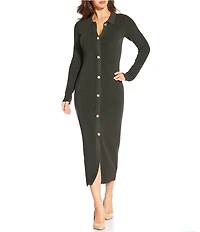 Skies Are Blue Collared Long Sleeve Button Front Knit Midi Dress
