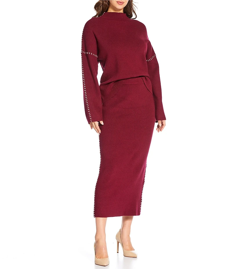 Skies Are Blue Contrast Blanket Stitch Knit Midi Coordinating Skirt