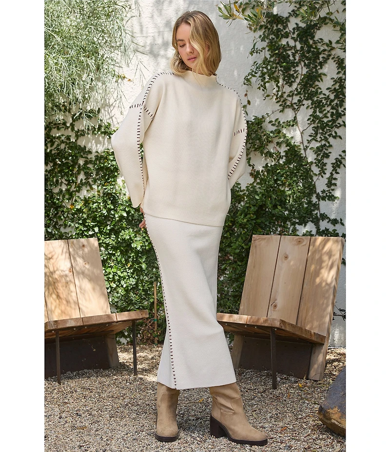 Skies Are Blue Contrast Blanket Stitch Knit Midi Coordinating Skirt