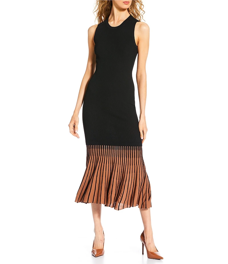 Skies Are Blue Contrast Godet Crew Neckline Sleeveless Knit Midi Dress