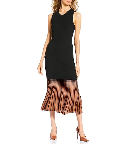 Skies Are Blue Contrast Godet Crew Neckline Sleeveless Knit Midi Dress
