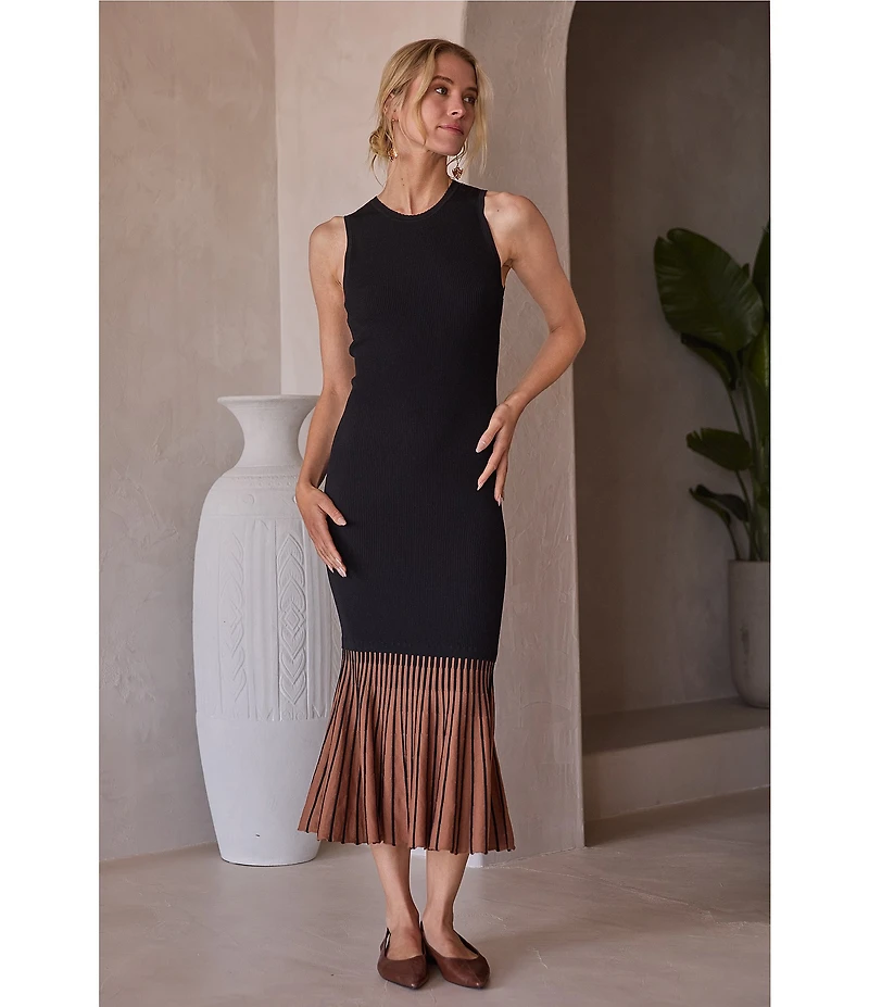 Skies Are Blue Contrast Godet Crew Neckline Sleeveless Knit Midi Dress