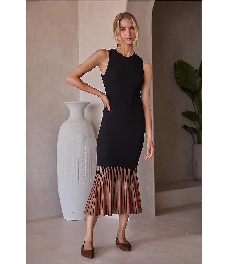 Skies Are Blue Contrast Godet Crew Neckline Sleeveless Knit Midi Dress