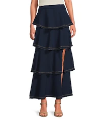 Skies Are Blue Contrast Stitch Ruffle Tiered Maxi Skirt