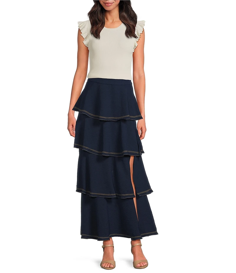 Skies Are Blue Contrast Stitch Ruffle Tiered Maxi Skirt