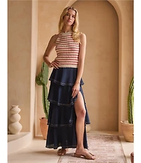 Skies Are Blue Contrast Stitch Ruffle Tiered Maxi Skirt
