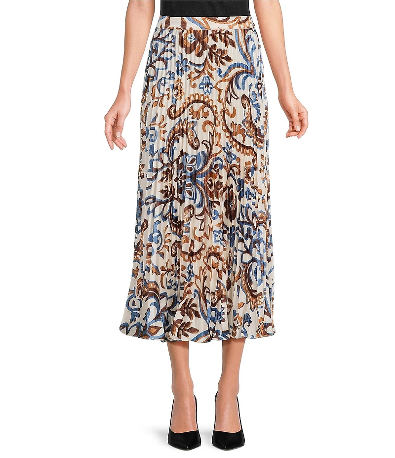 Skies Are Blue Coordinating Border Print Pleated Midi Skirt