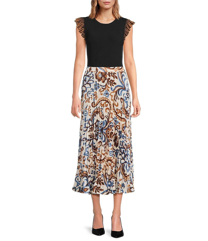 Skies Are Blue Coordinating Border Print Pleated Midi Skirt
