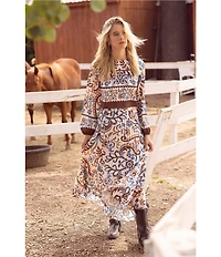Skies Are Blue Coordinating Border Print Pleated Midi Skirt