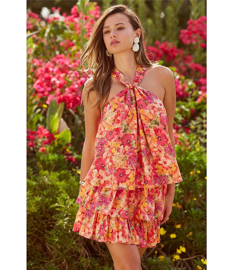 Skies Are Blue Coordinating Floral Print High Waisted Tiered Mini Skirt