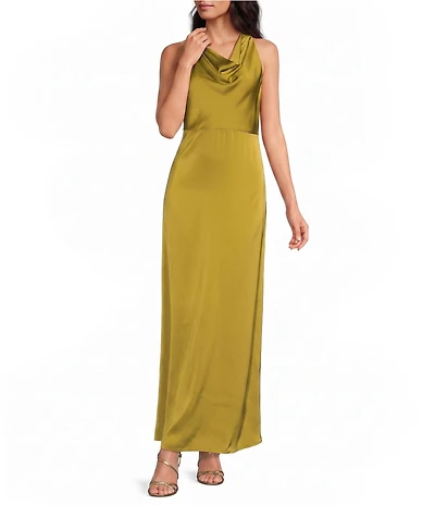 Skies Are Blue Cowl Neck with Hardware Sleeveless Satin Maxi Dress