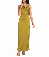 Skies Are Blue Cowl Neck with Hardware Sleeveless Satin Maxi Dress