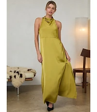 Skies Are Blue Cowl Neck with Hardware Sleeveless Satin Maxi Dress