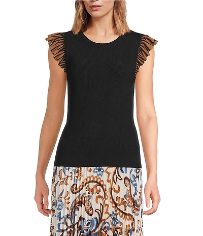 Skies Are Blue Crew Neck Contrast Ruffle Cap Sleeve Knit Top